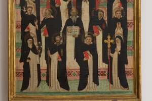 Szűz, Krisztus és 17 szent tempera részlete a panelen
